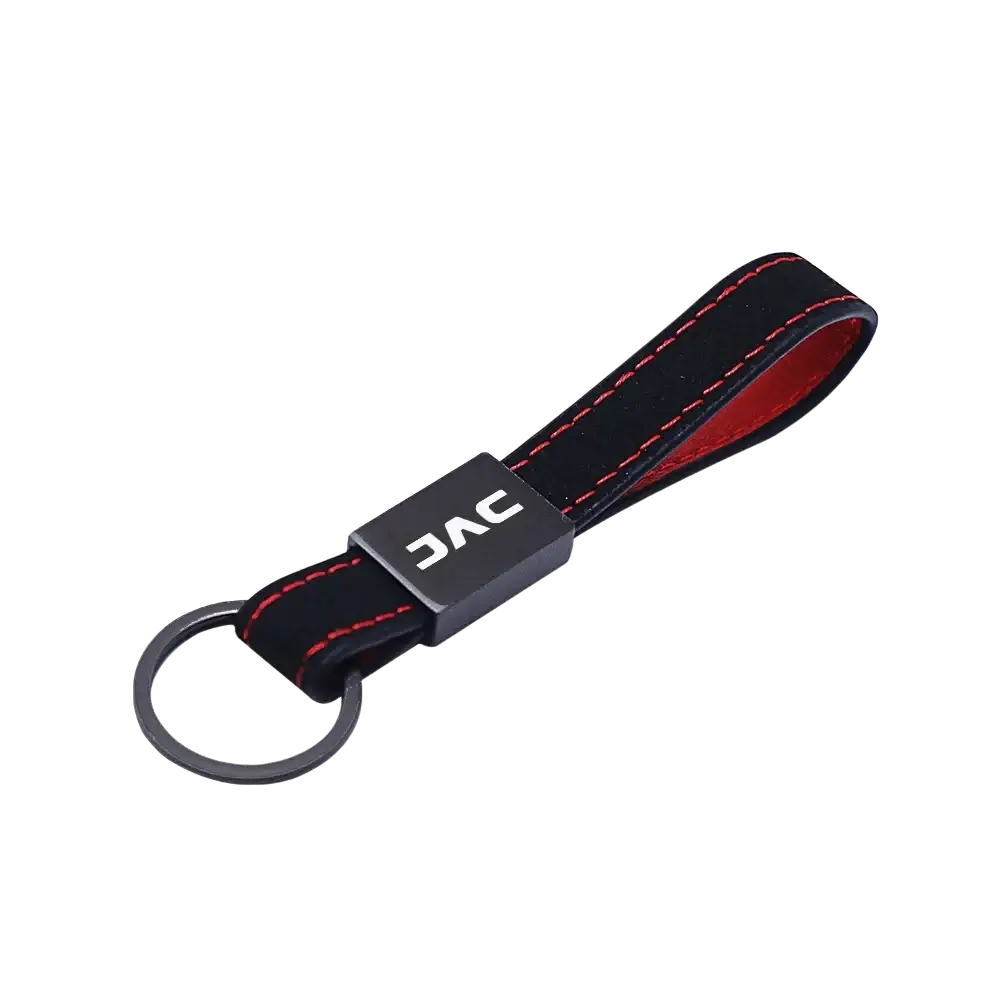 Black leather car keychain with red stitching and black metal plate featuring jac logo