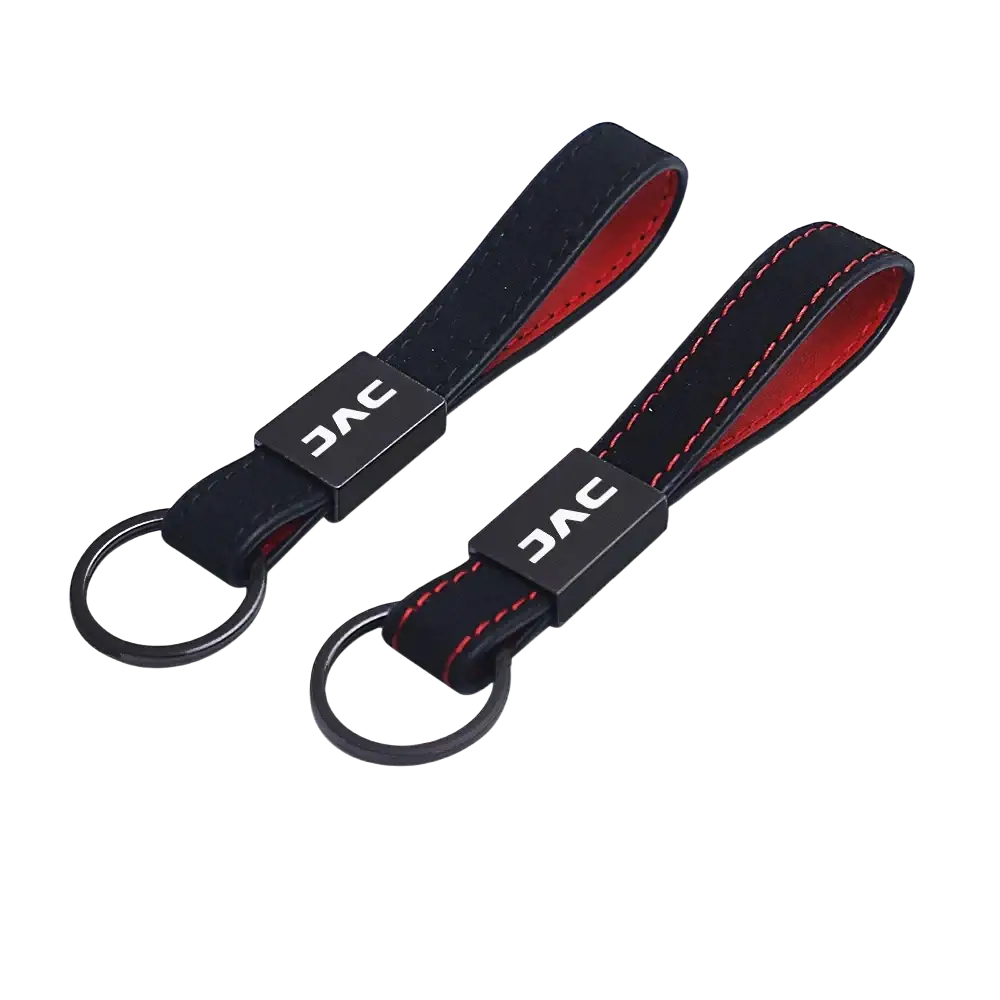 Black and red jac leather car keychains with red stitching sleek leather strap and metal ring for durable use