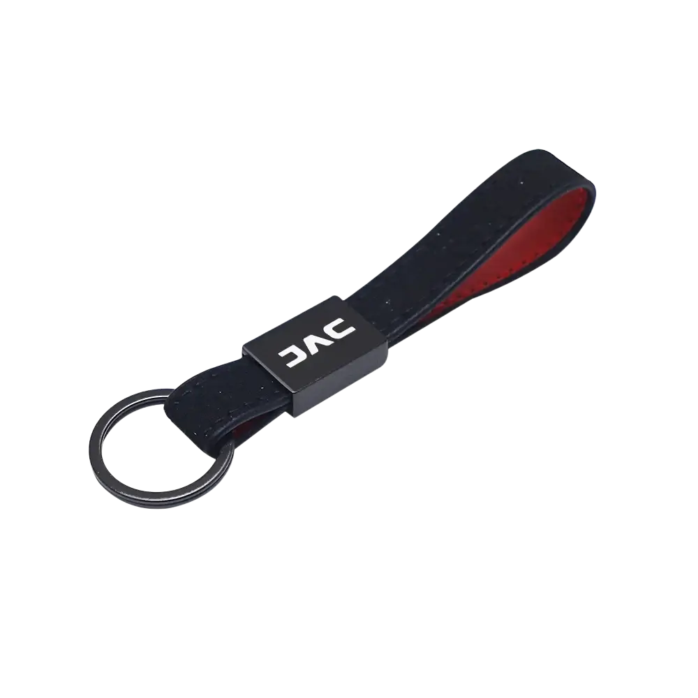 Jac leather car keychain with black jac branding, sleek leather strap, and red interior lining with red stitching