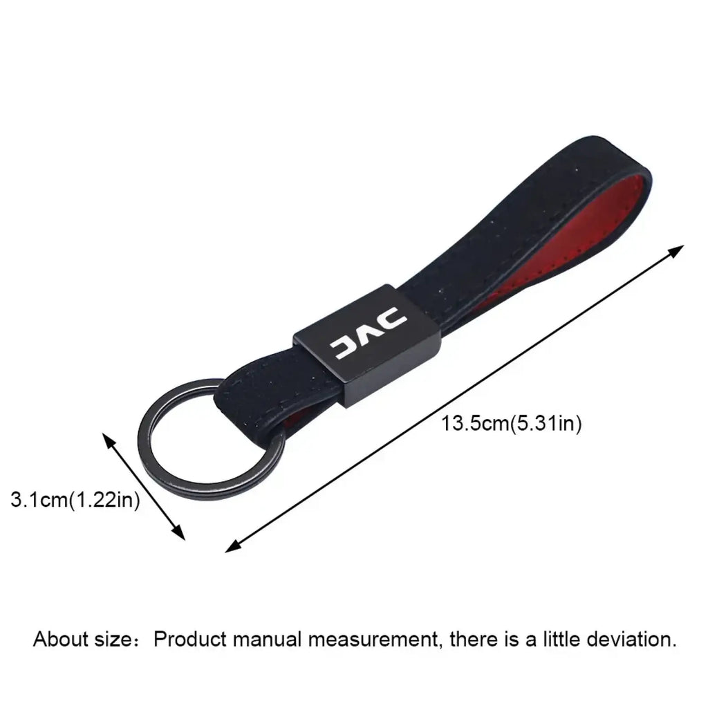 Black jac leather car keychain with red stitching interior lining and metallic ring for secure key holding