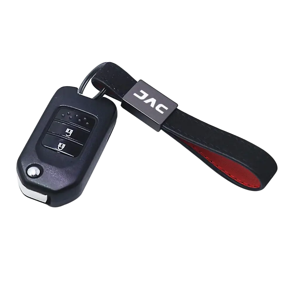 Black jac branded car key fob with black and red leather strap jac leather car keychain red stitching
