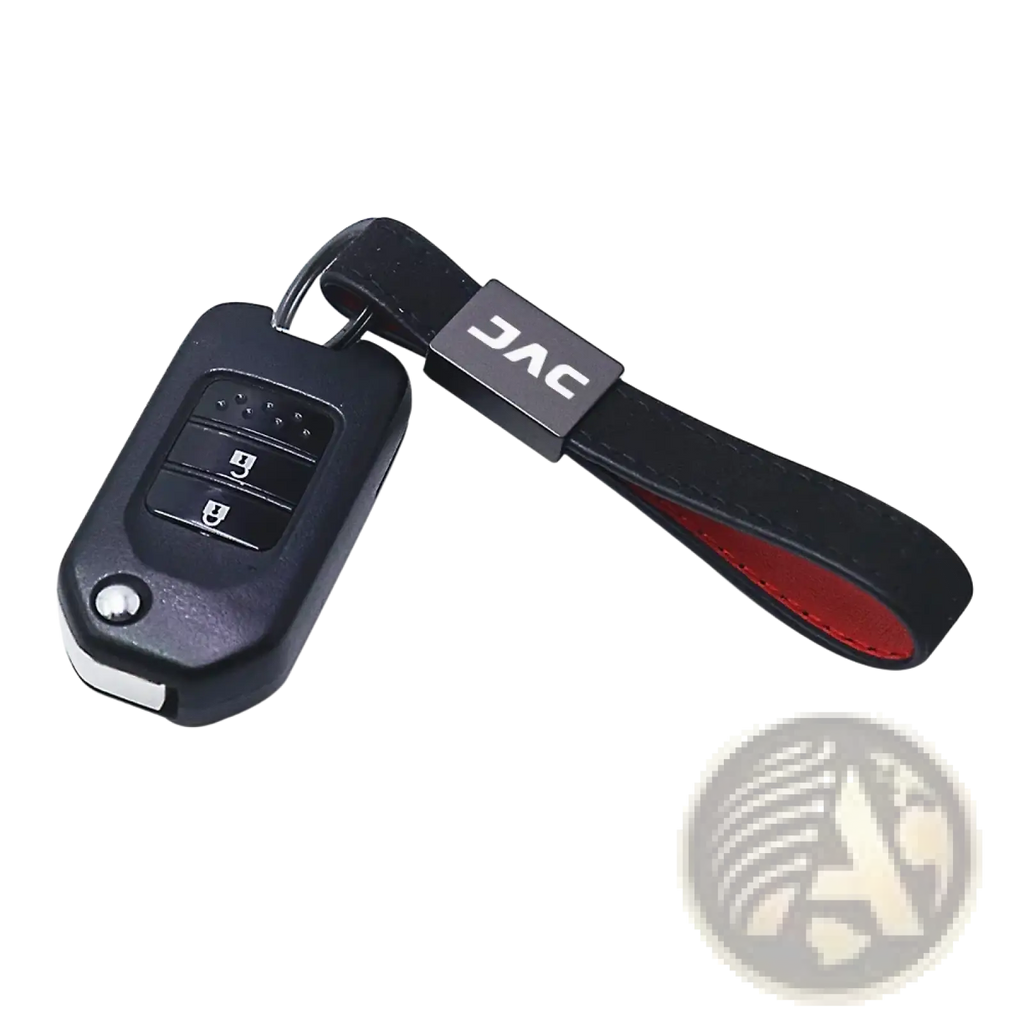Black jac branded car key fob with black and red leather strap jac leather car keychain red stitching