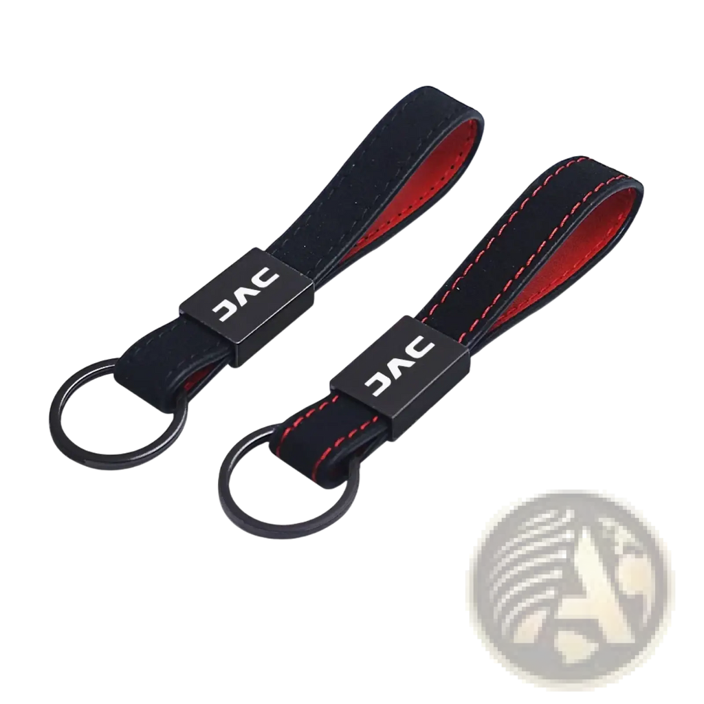 Black and red jac leather car keychains with red stitching sleek leather strap and metal ring for durable use