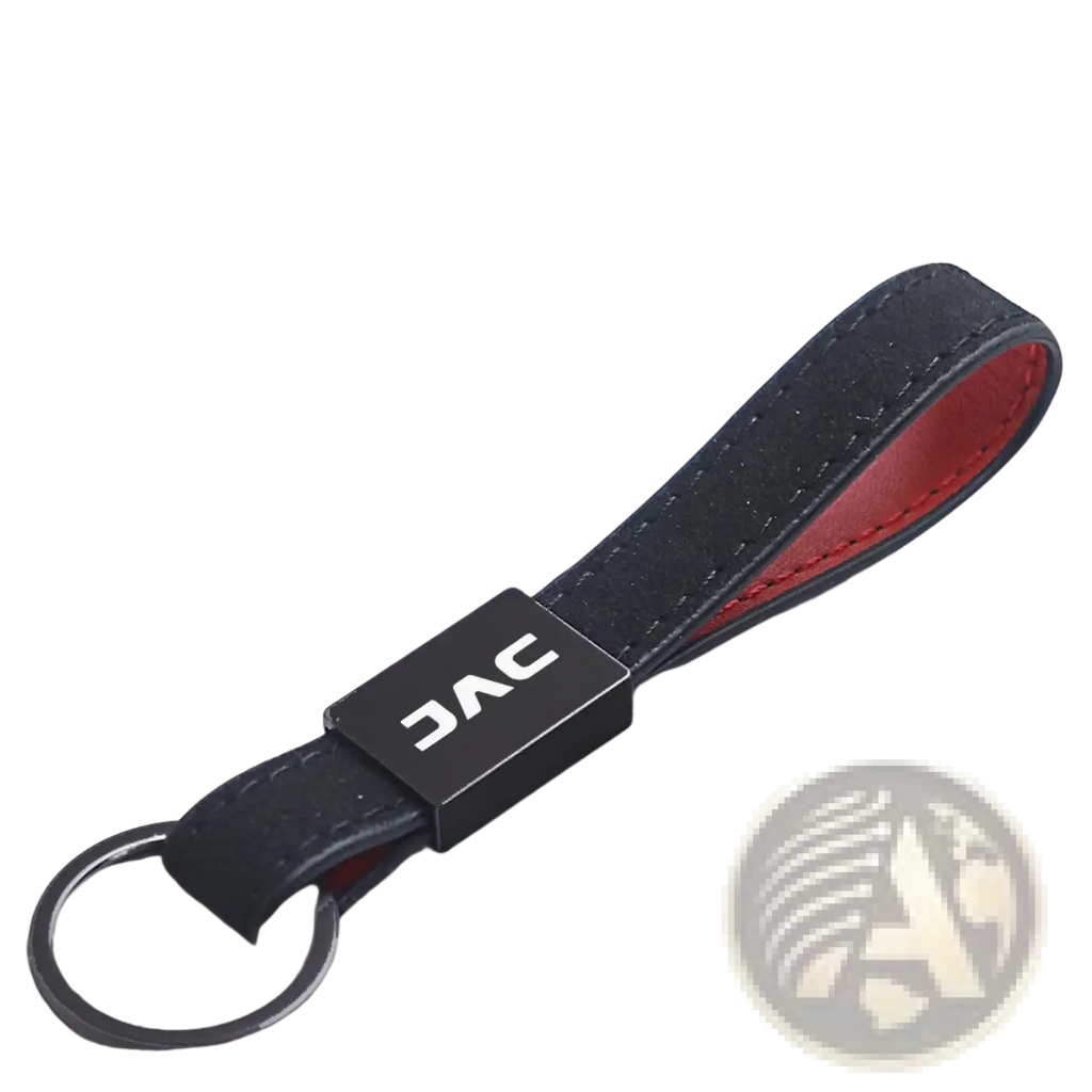 Black leather jac car keychain with red interior lining and rectangular black metal plate logo