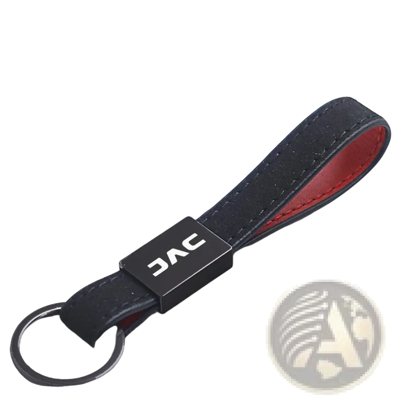 Black leather jac car keychain with red interior lining and rectangular black metal plate logo