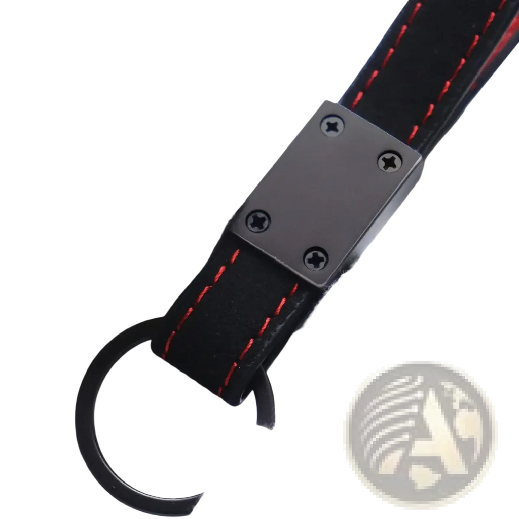 Black leather jac car keychain with red stitching and matte black metal plate secured by four screws