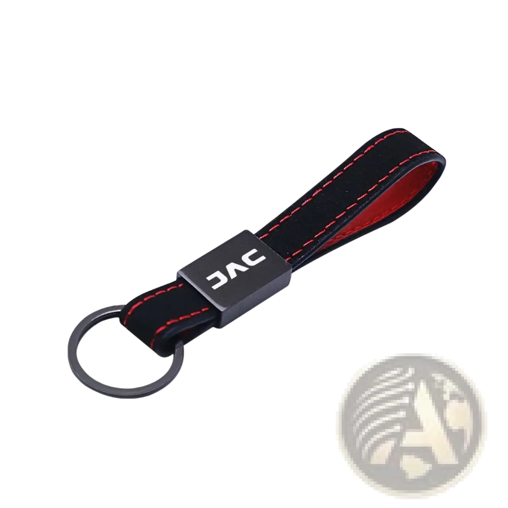 Black leather car keychain with red stitching and black metal plate featuring jac logo