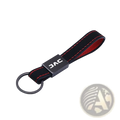 Black leather car keychain with red stitching and black metal plate featuring jac logo