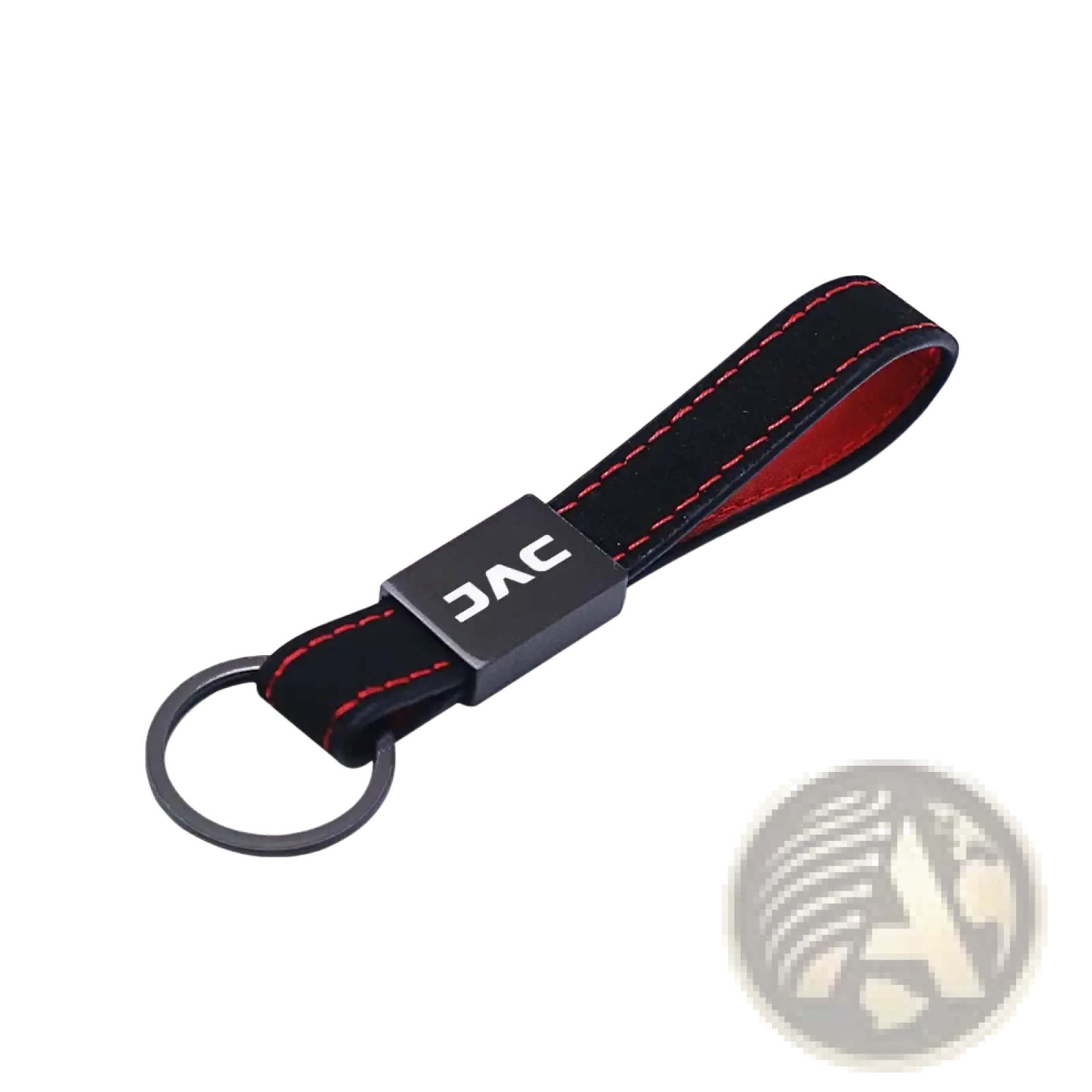 Black leather car keychain with red stitching and black metal plate featuring jac logo