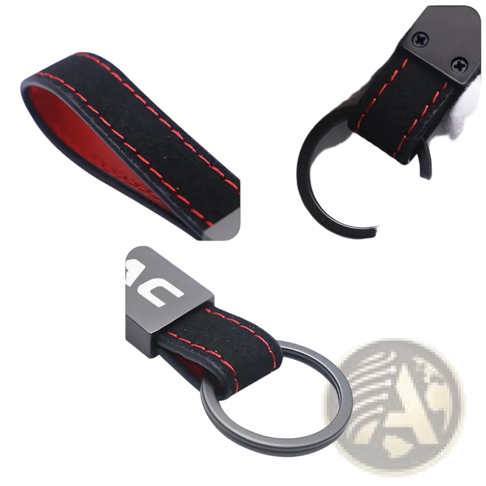 Black leather Jac leather car keychain with red stitching and a metallic ring for secure key attachment