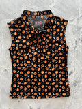 Black sleeveless cotton blouse with vintage jack-o-lantern bow neck and orange pumpkin skull and white moon motifs