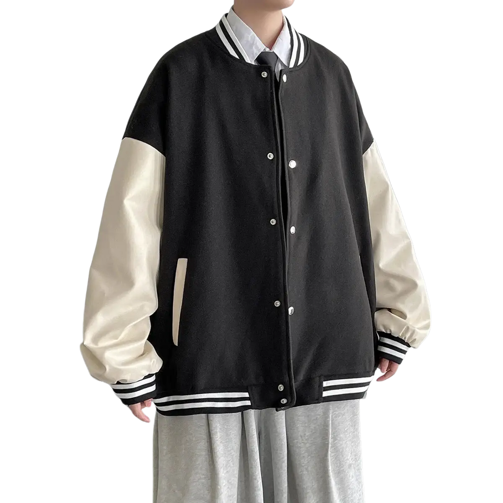 Black and cream-colored jacket men casual patchwork varsity outerwear with contrasting sleeves and ribbed collar trim
