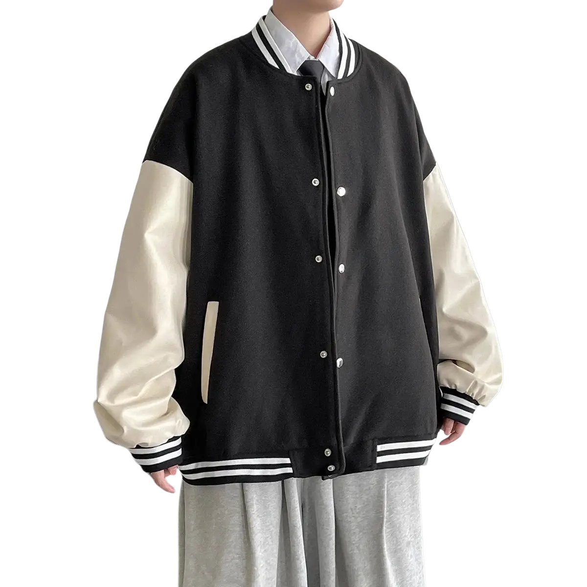 Black and cream-colored jacket men casual patchwork varsity outerwear with contrasting sleeves and ribbed collar trim