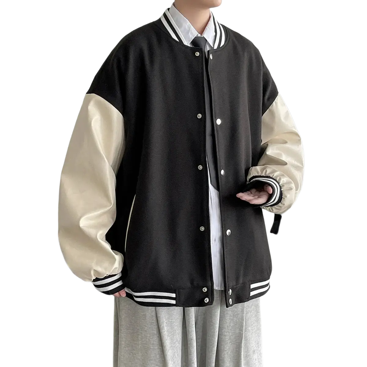 Black and cream-colored jacket men casual patchwork varsity outerwear with contrasting sleeves ribbed cuffs and hem