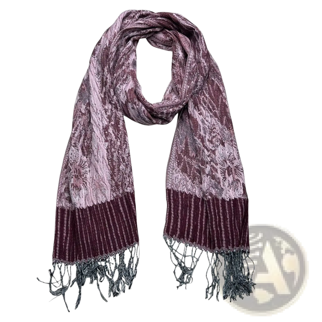 A maroon and lavender jacquard evening scarf with textured knit, ribbed hem, and fringed ends for winter wrap