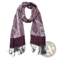 A maroon and lavender jacquard evening scarf with textured knit, ribbed hem, and fringed ends for winter wrap