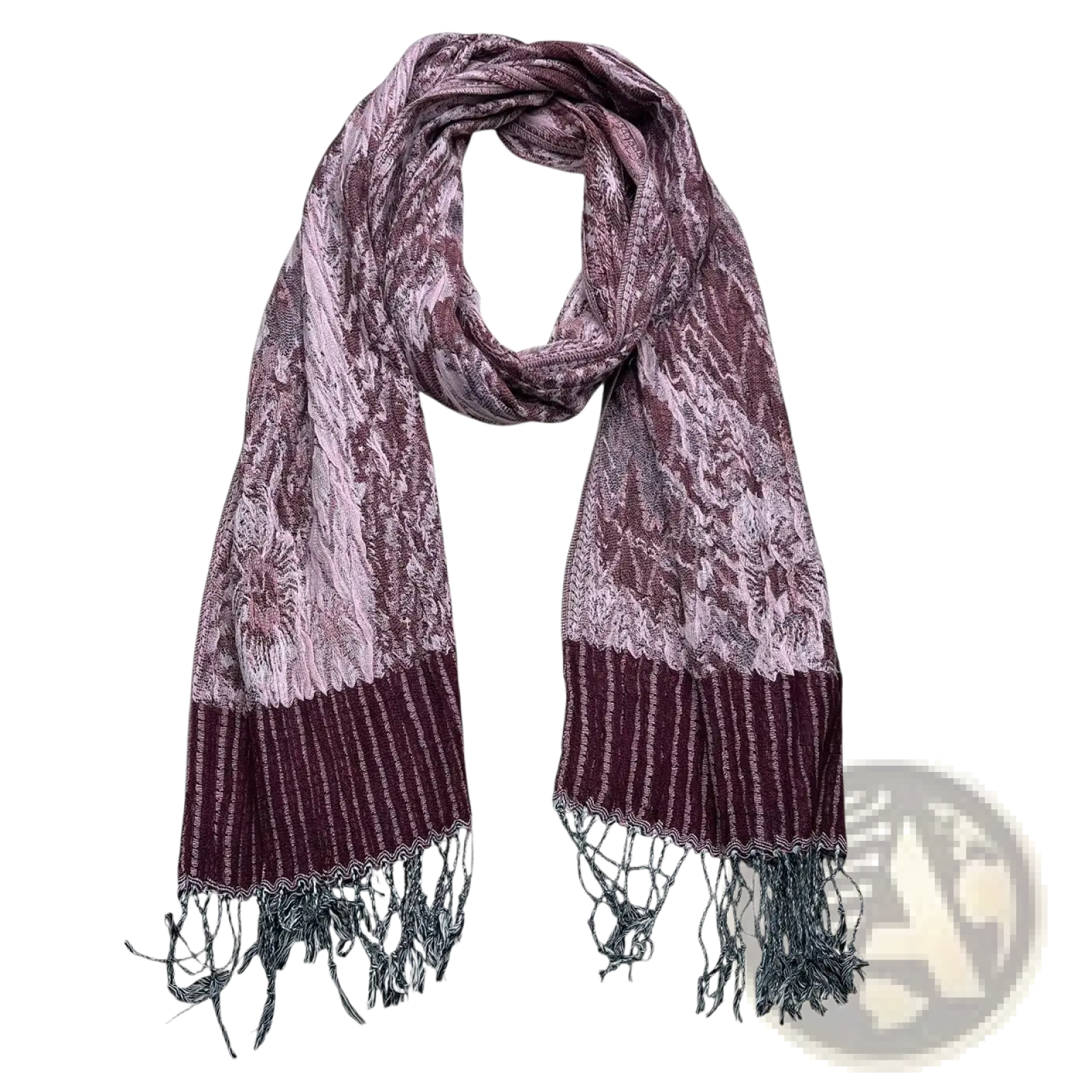 A maroon and lavender jacquard evening scarf with textured knit, ribbed hem, and fringed ends for winter wrap