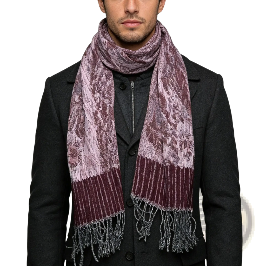 A luxurious maroon and lavender jacquard evening scarf with textured woven design and fringed edges for winter wrap