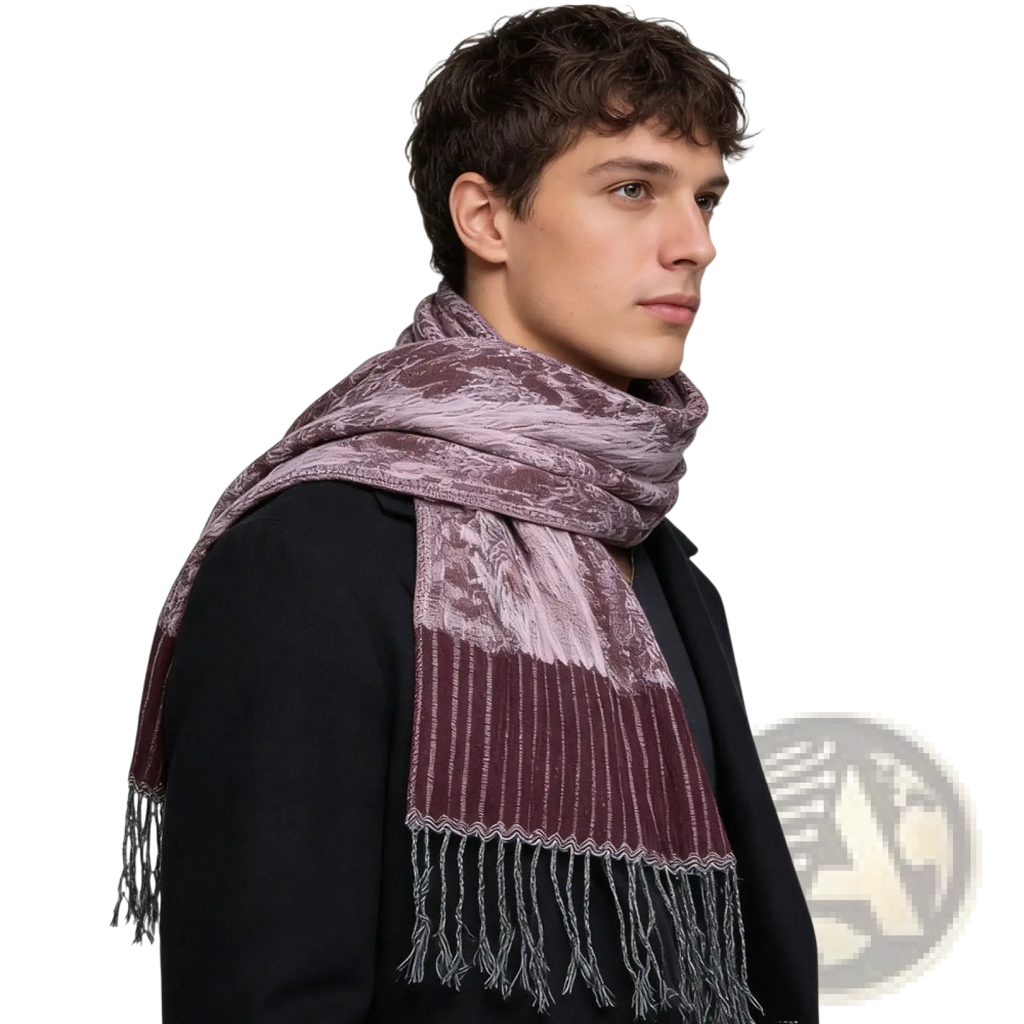 A jacquard evening scarf in maroon and lavender with a soft textured pattern and decorative fringe for winter wrap