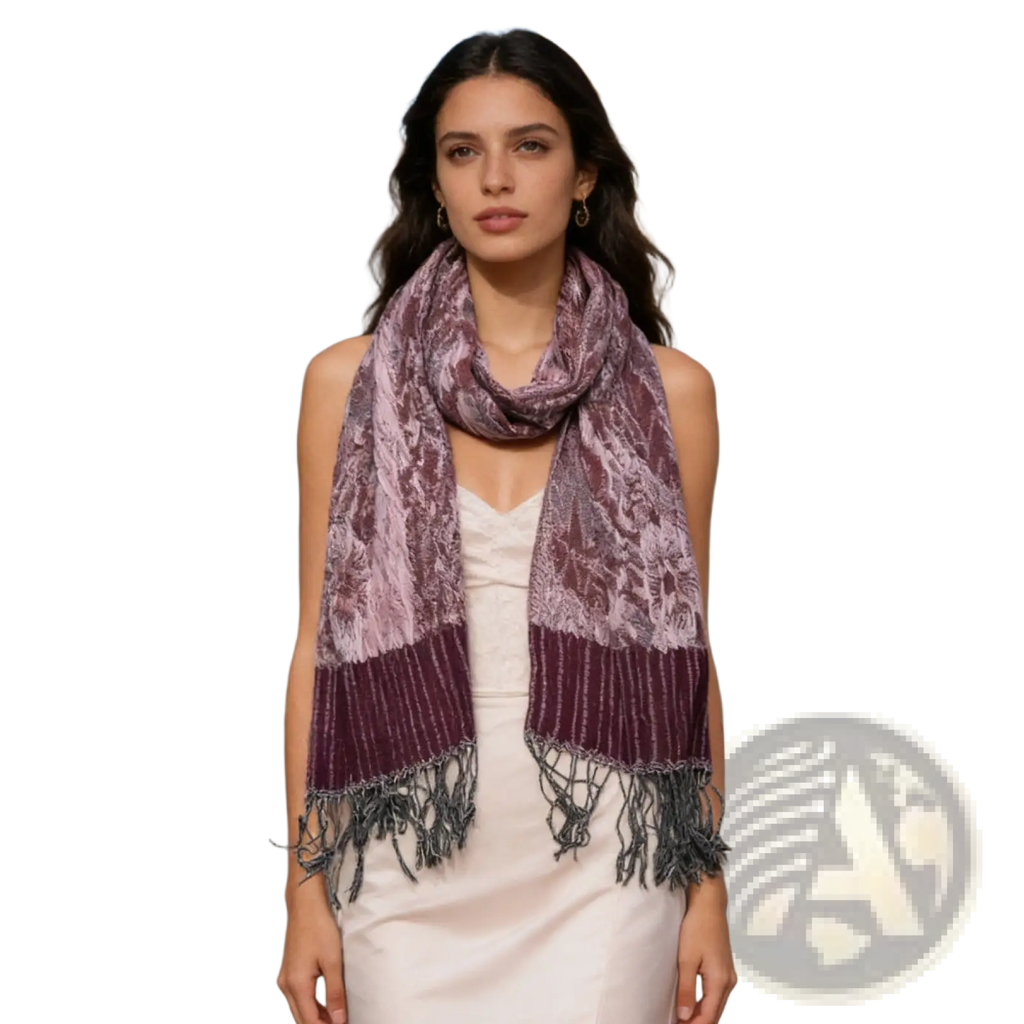 Jacquard evening scarf in maroon and lavender featuring a soft textured pattern ribbed section and dark gray fringe