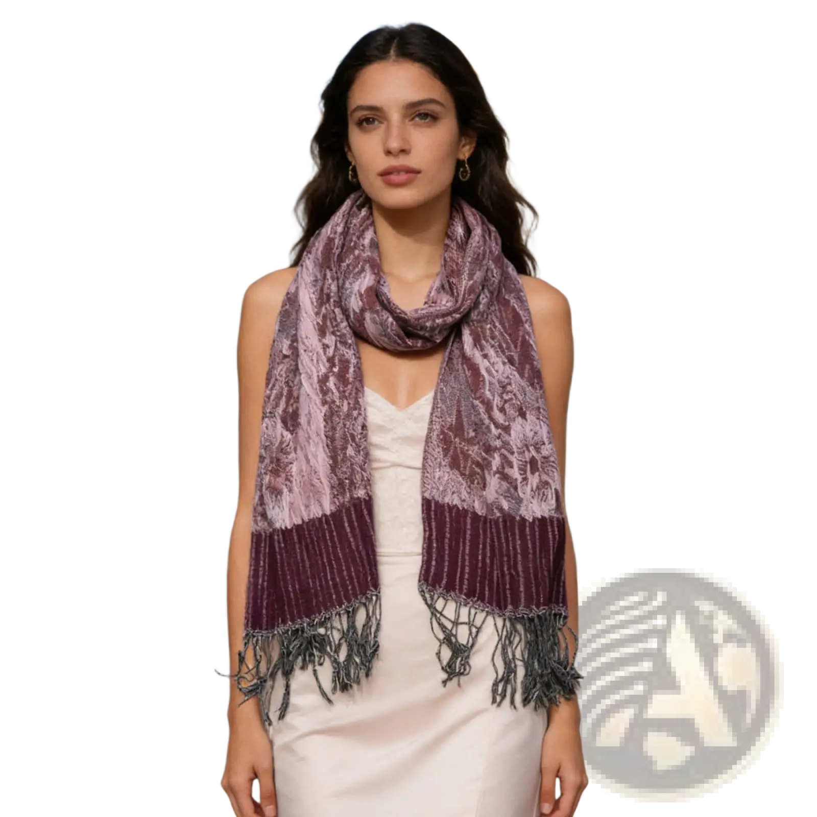 Jacquard evening scarf in maroon and lavender featuring a soft textured pattern ribbed section and dark gray fringe