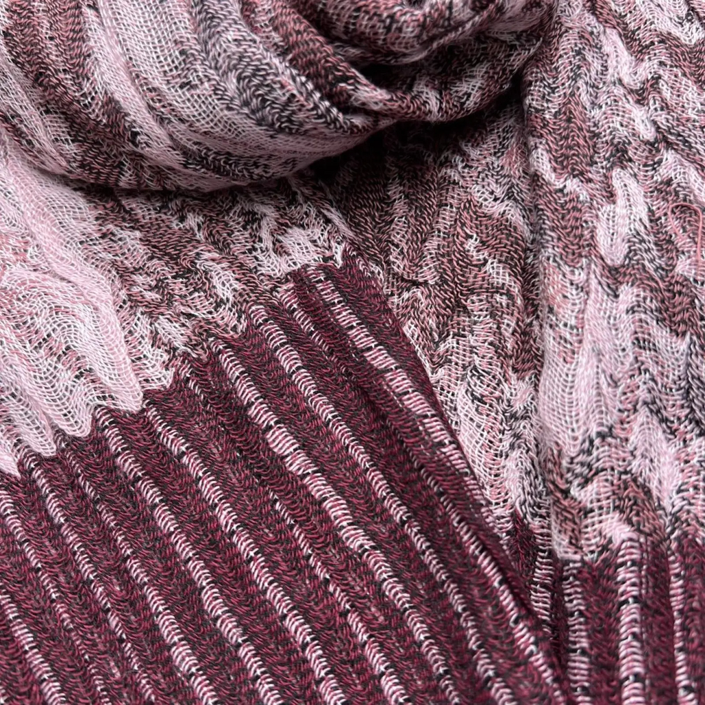Jacquard evening scarf maroon lavender winter wrap knitted with textured ribbed pattern and delicate lace trim