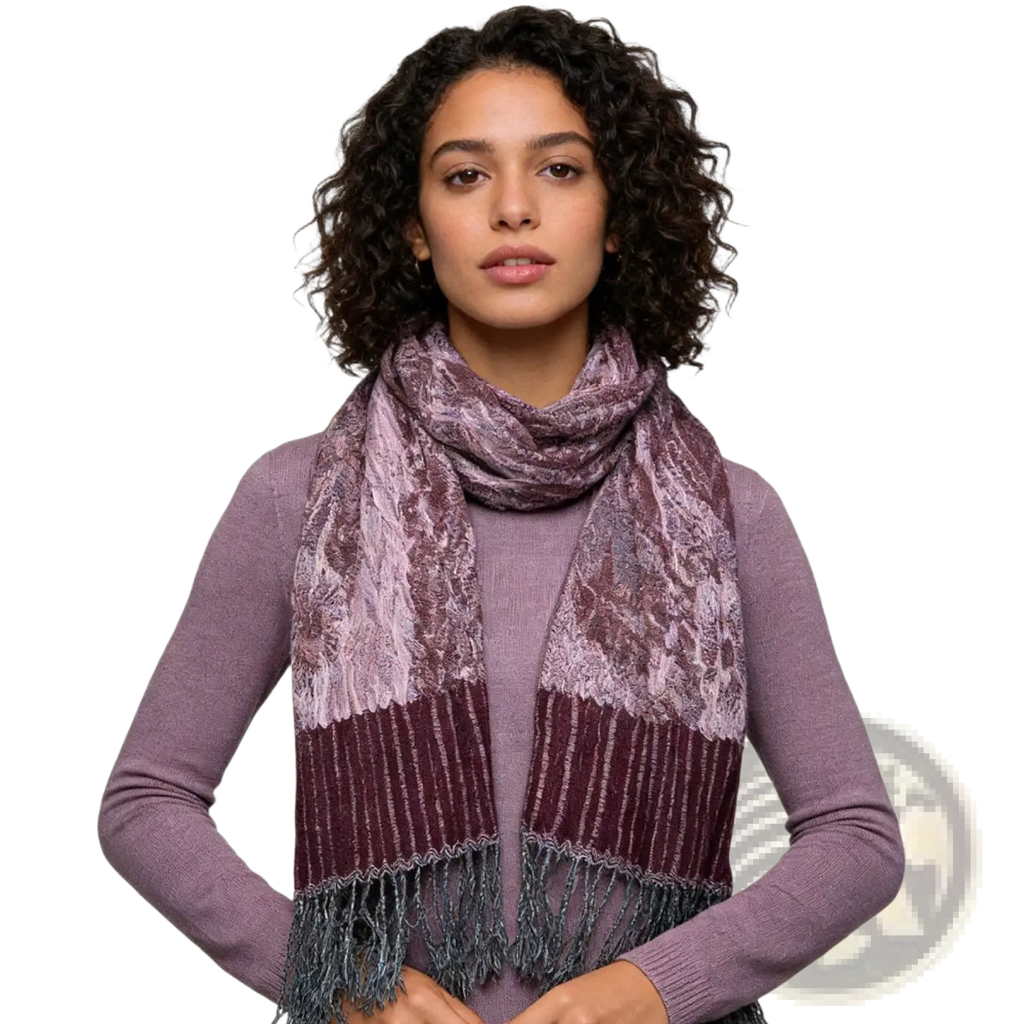 Jacquard evening scarf in maroon and lavender velvet with a lace-like pattern and fringe detailing for winter wrap