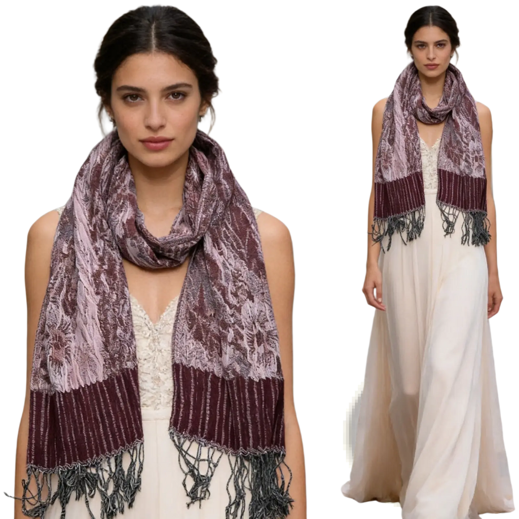 A luxurious maroon and lavender jacquard evening scarf with textured woven design and dark fringe detailing for winter wrap