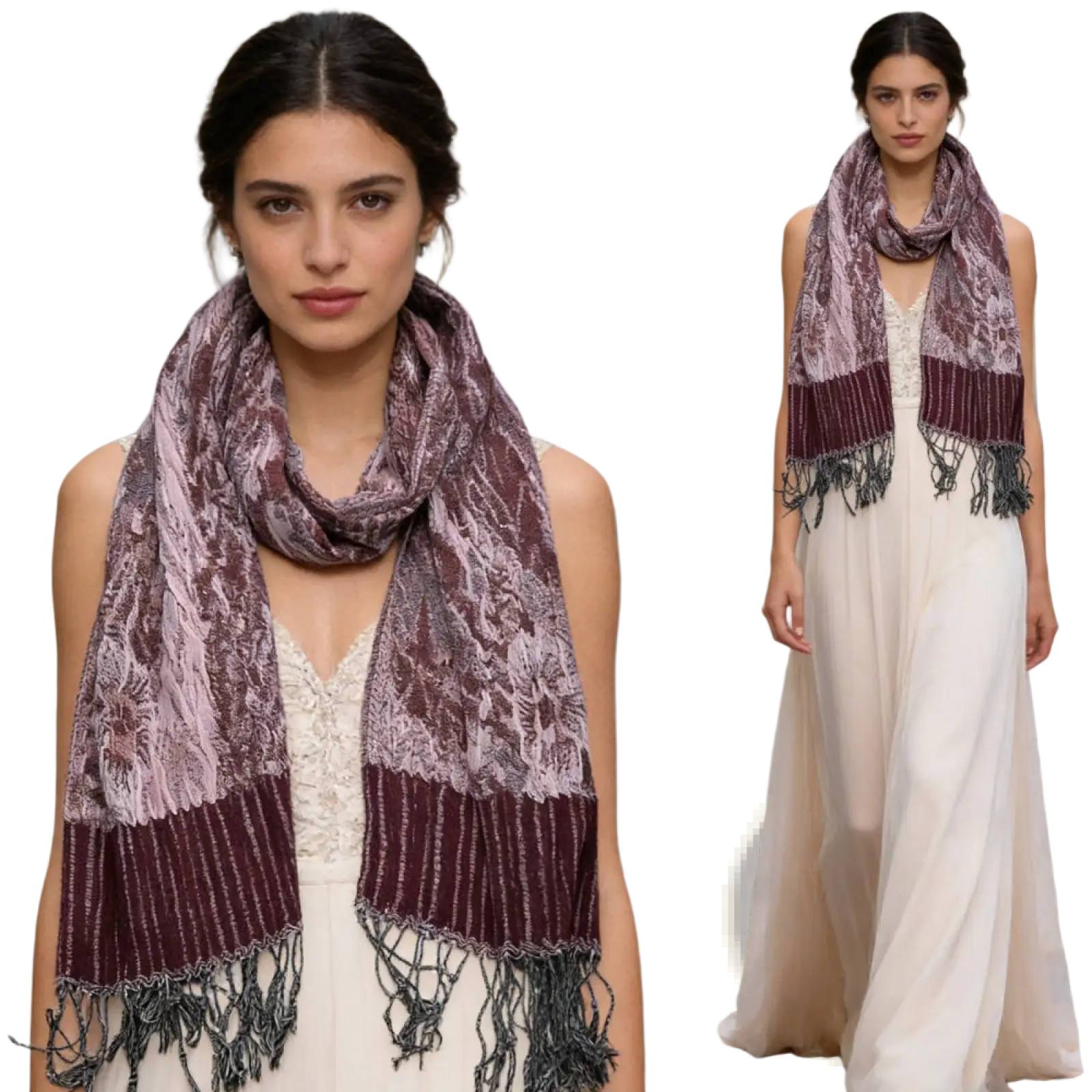 A luxurious maroon and lavender jacquard evening scarf with textured woven design and dark fringe detailing for winter wrap