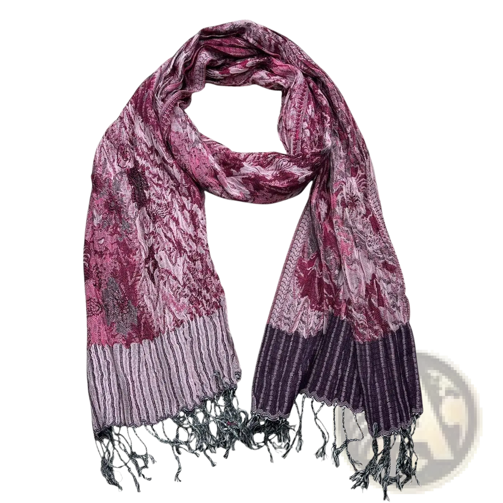 Jacquard evening scarf for women and men in soft mauve and deep purple with floral pattern and ribbed fringe detailing