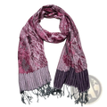 Jacquard evening scarf for women and men in soft mauve and deep purple with floral pattern and ribbed fringe detailing
