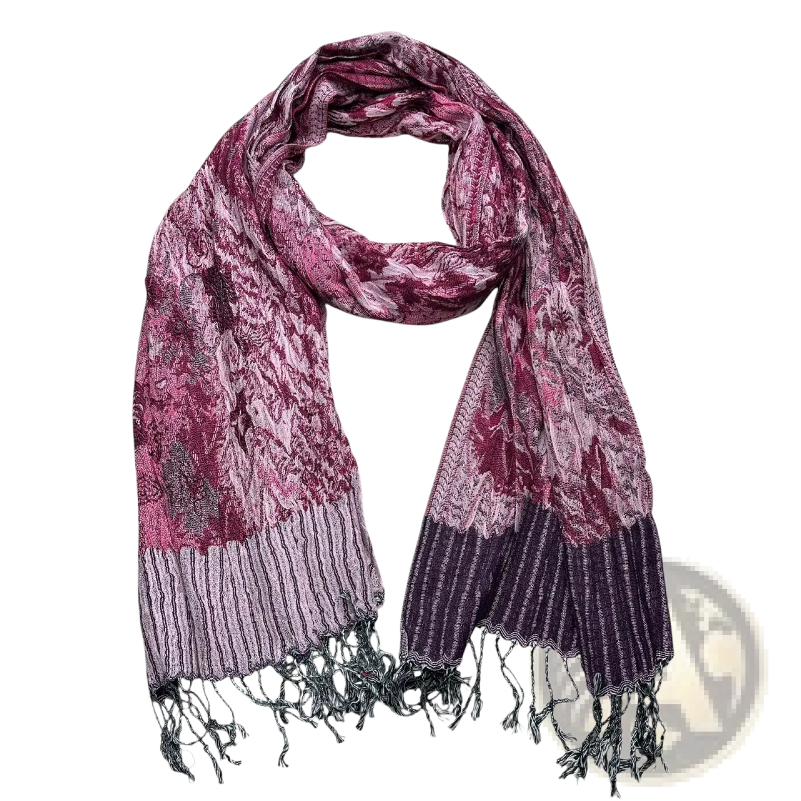 Jacquard evening scarf for women and men in soft mauve and deep purple with floral pattern and ribbed fringe detailing