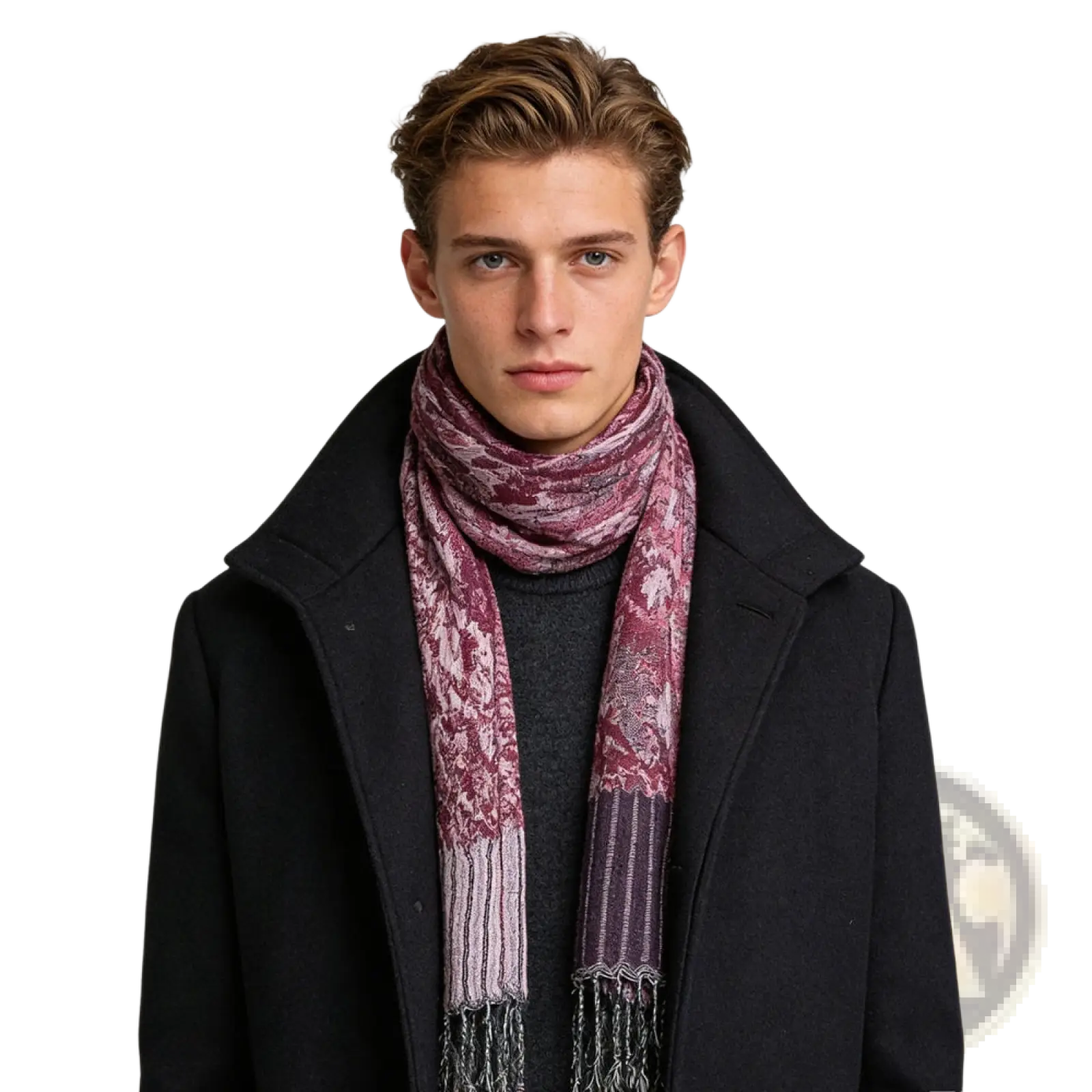 Jacquard evening scarf for women and men featuring a maroon and lavender patterned textured weave with fringed ends