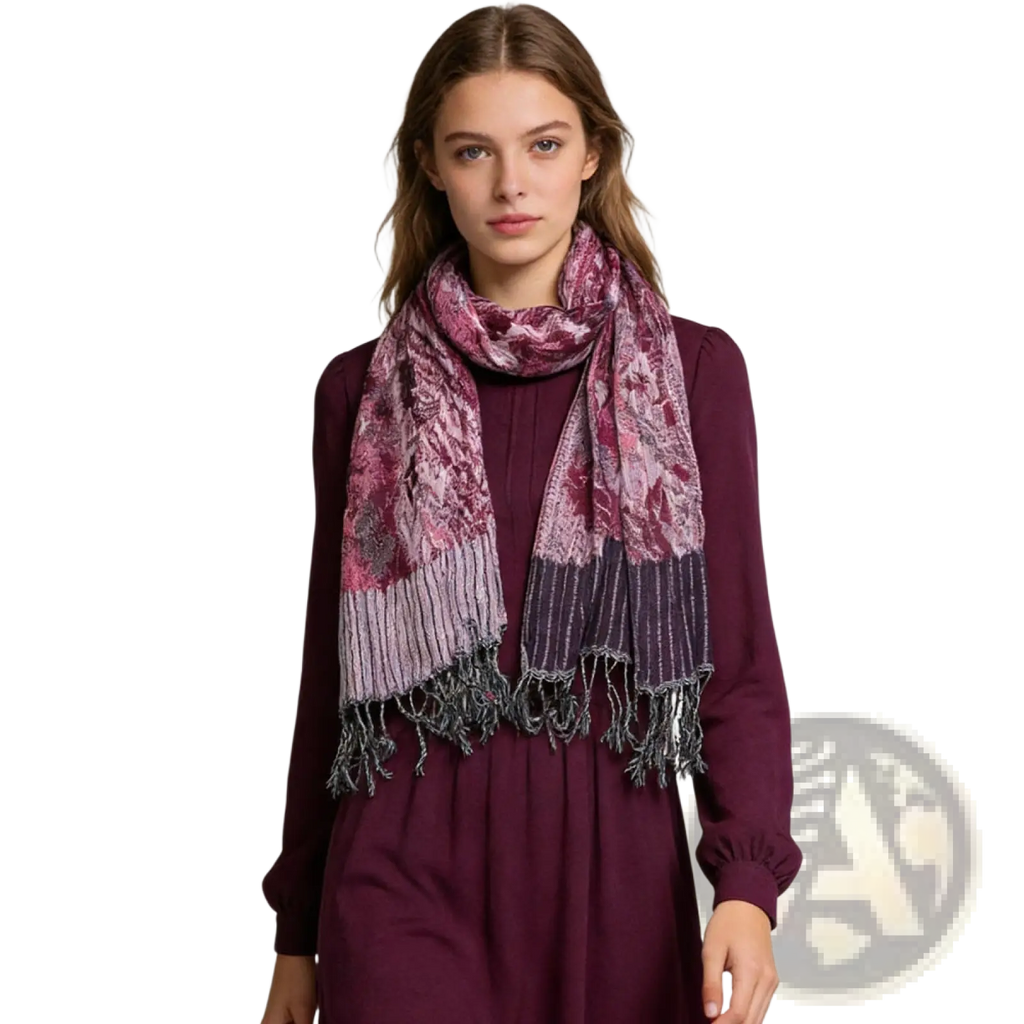 Jacquard evening scarf for women and men with soft mauve and deep purple texture and subtle floral pattern with fringed edges