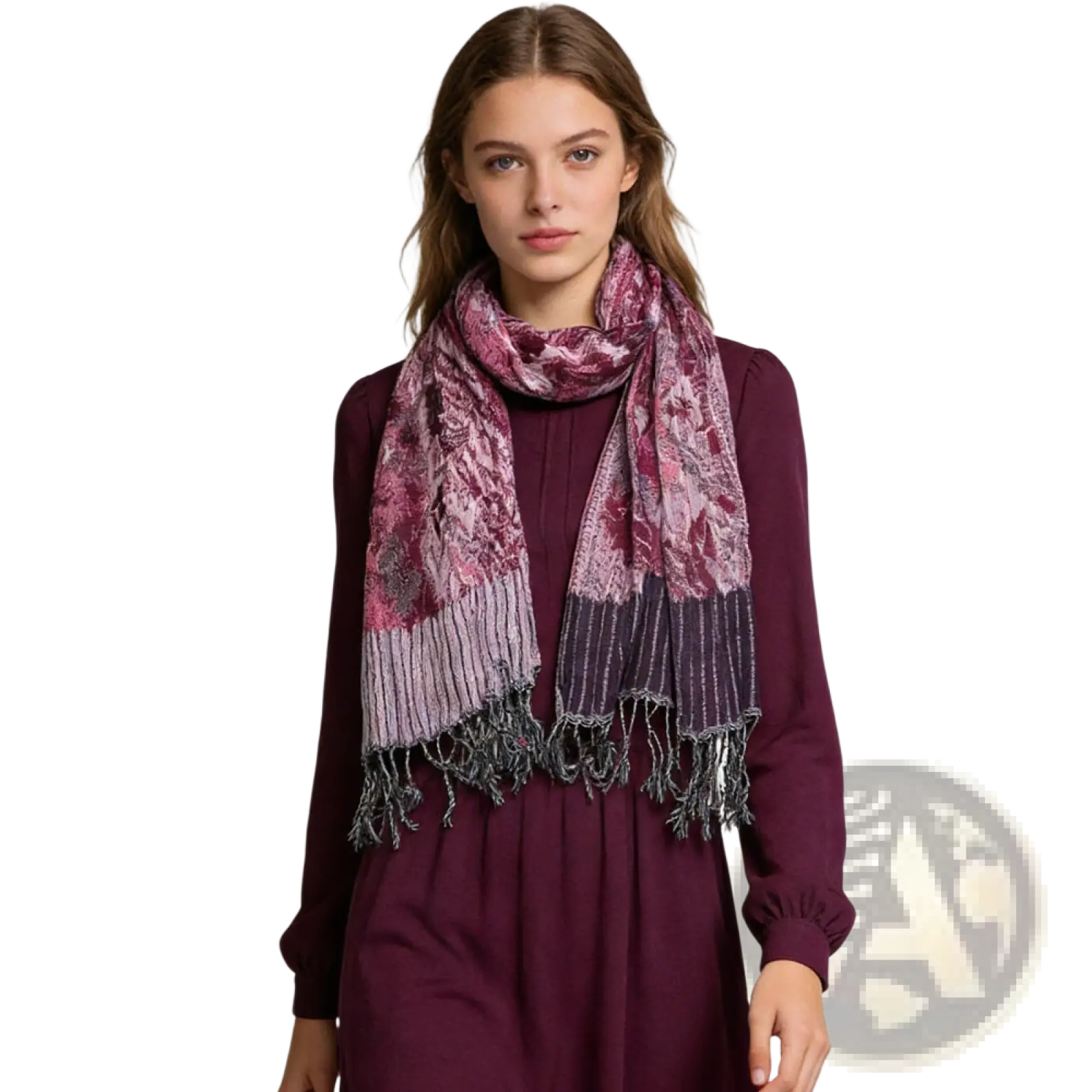 Jacquard evening scarf for women and men with soft mauve and deep purple texture and subtle floral pattern with fringed edges