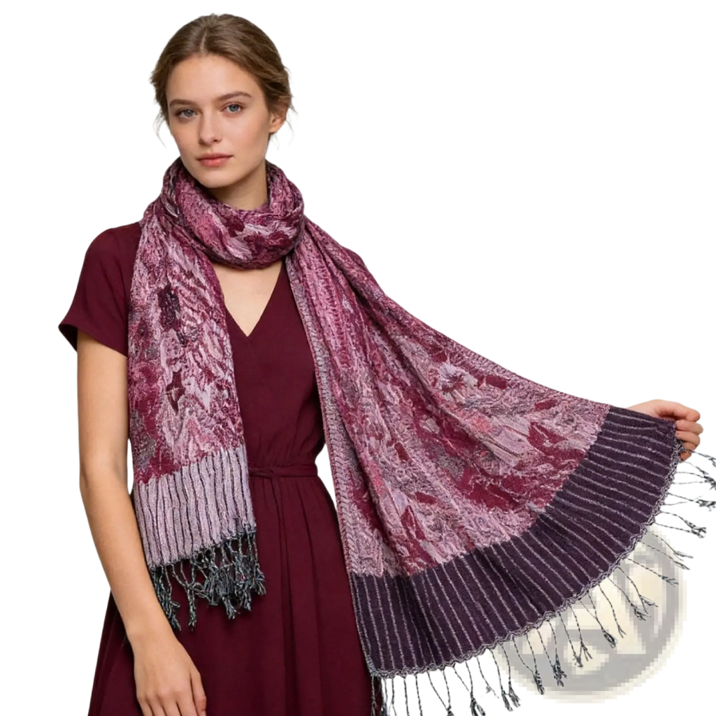 Jacquard evening scarf for women and men in soft textured burgundy and dusty rose with floral pattern and dark fringe edges