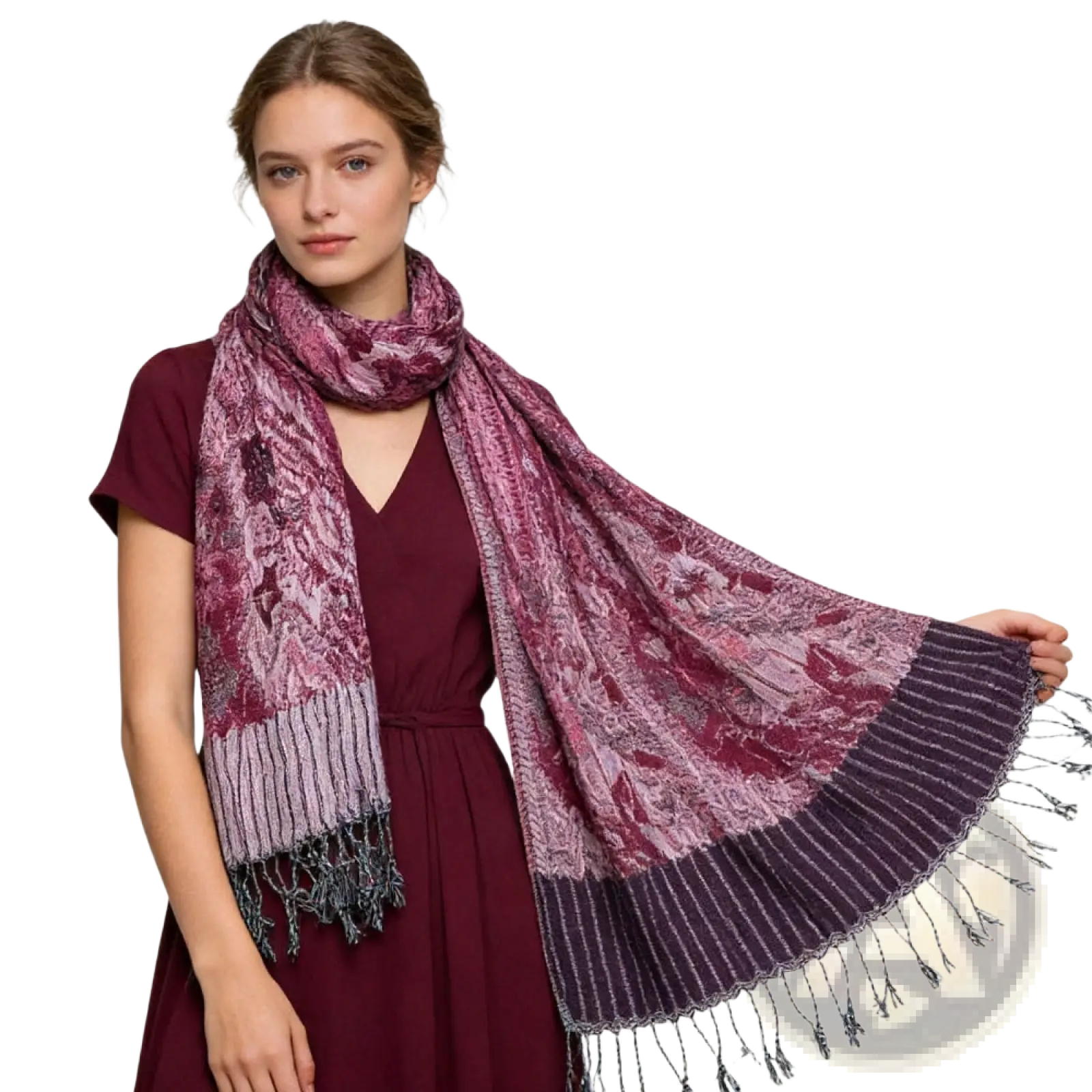 Jacquard evening scarf for women and men in soft textured burgundy and dusty rose with floral pattern and dark fringe edges