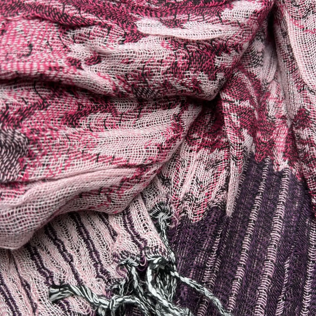 Jacquard evening scarf for women and men featuring a soft woven gradient of pink purple with subtle black accents