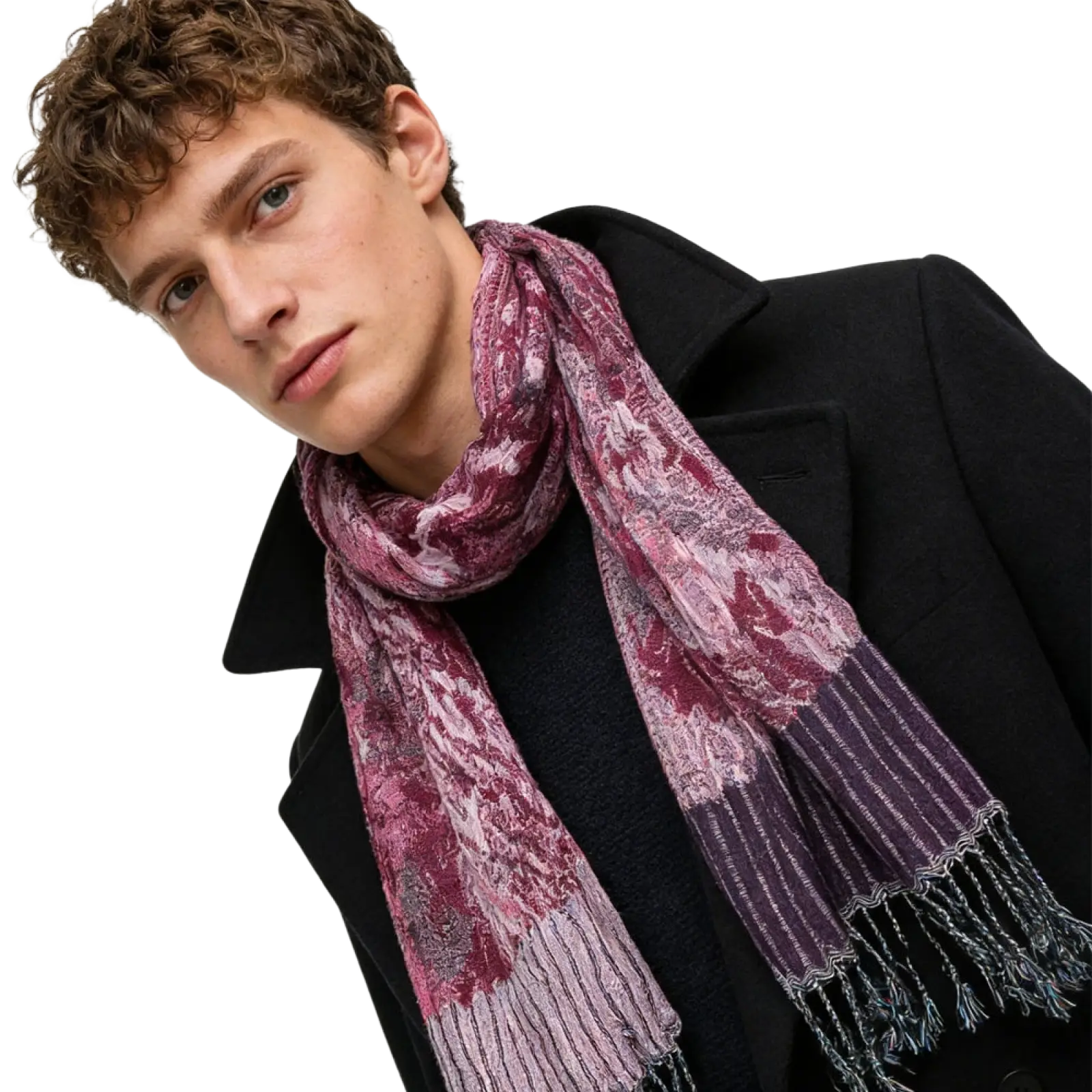 Jacquard evening scarf for women and men featuring a textured maroon and purple pattern with fringe detailing