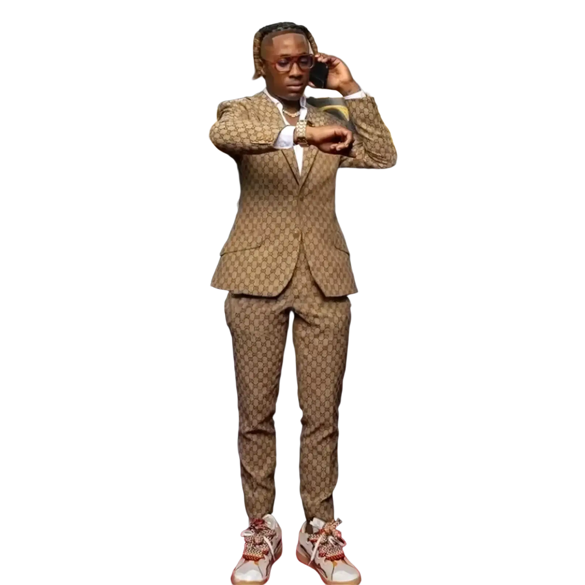 A man wearing a tan and brown Gucci GG Supreme patterned jacquard slim two piece wedding tuxedo suit