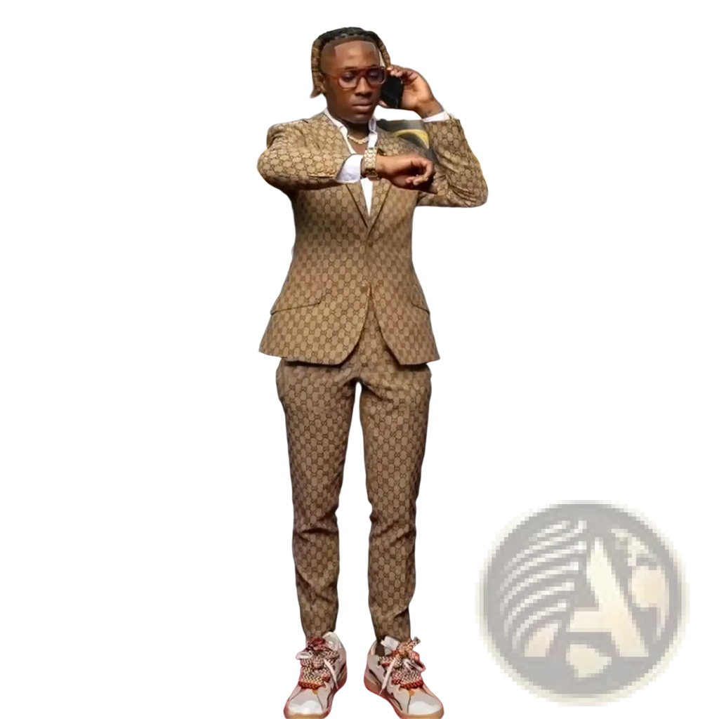 A man wearing a tan and brown Gucci GG Supreme patterned jacquard slim two piece wedding tuxedo suit