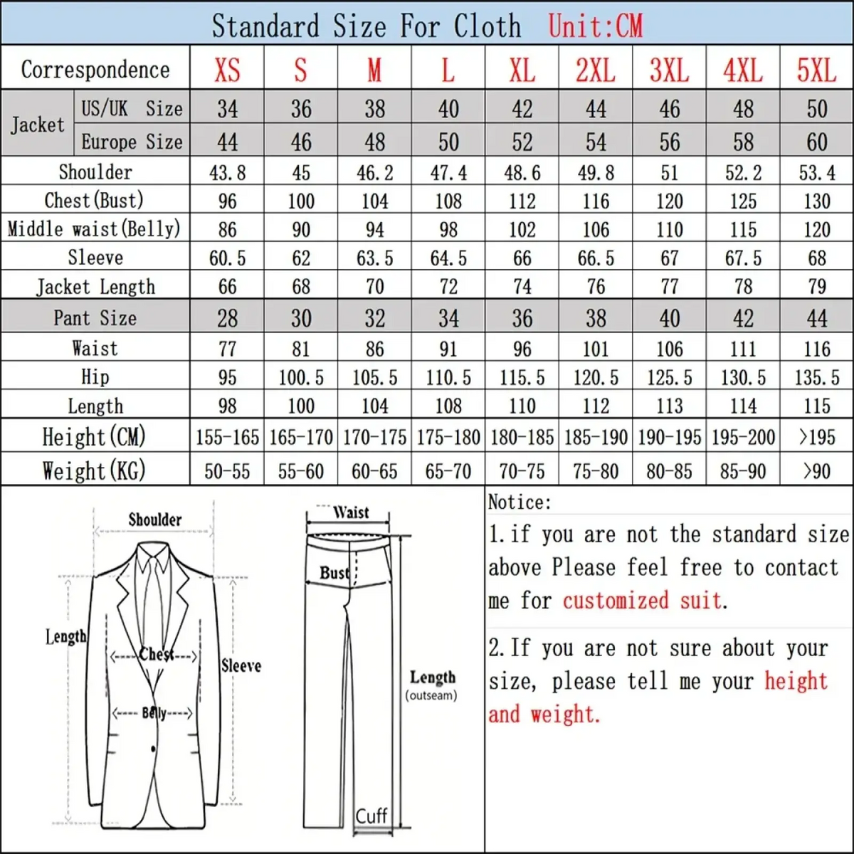 Standard size chart for jacquard men suit slim two piece wedding tuxedo showing measurements in cm from xs to 5xl