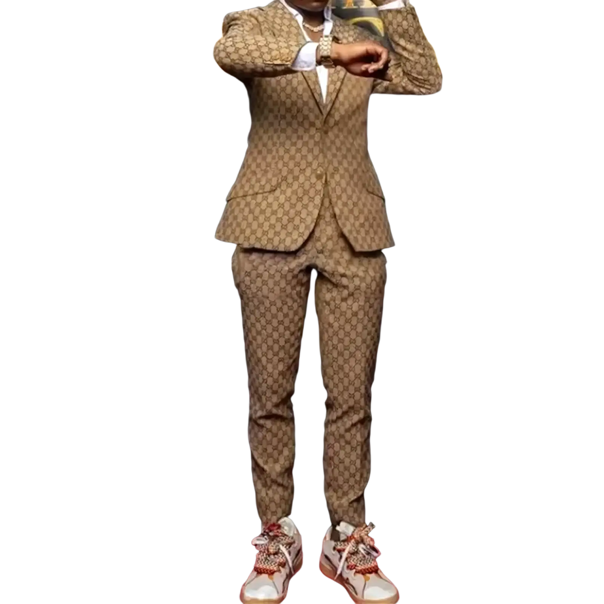 A tan and brown Gucci GG Supreme patterned jacquard slim two piece men suit with matching trousers for weddings