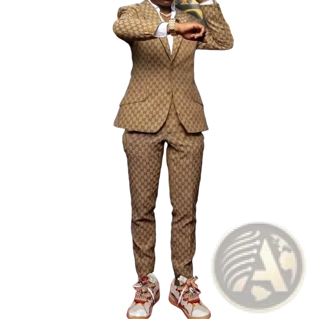 A tan and brown Gucci GG Supreme patterned jacquard slim two piece men suit with matching trousers for weddings
