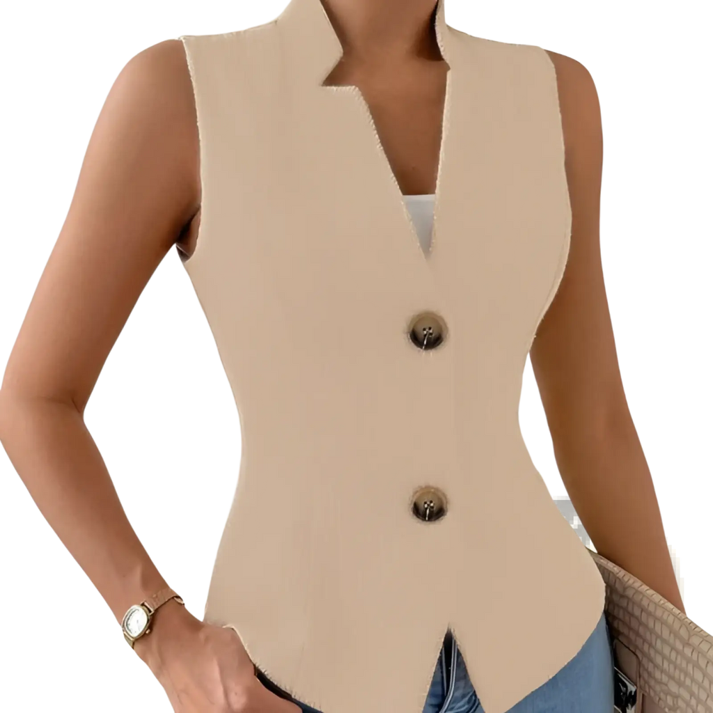 Beige jacquard sleeveless suit vest with a notched collar and two dark buttons for formal wear