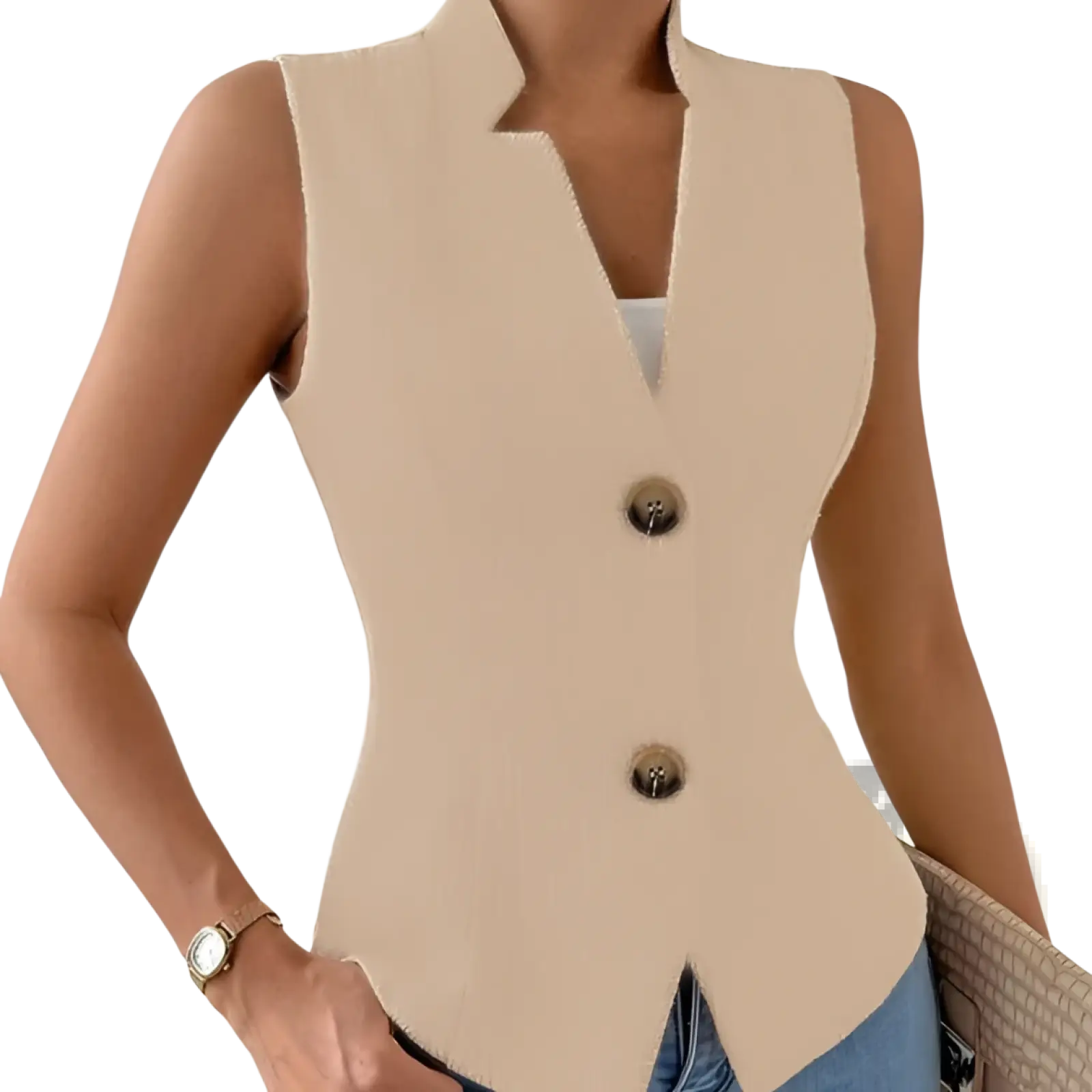 Beige jacquard sleeveless suit vest with a notched collar and two dark buttons for formal wear