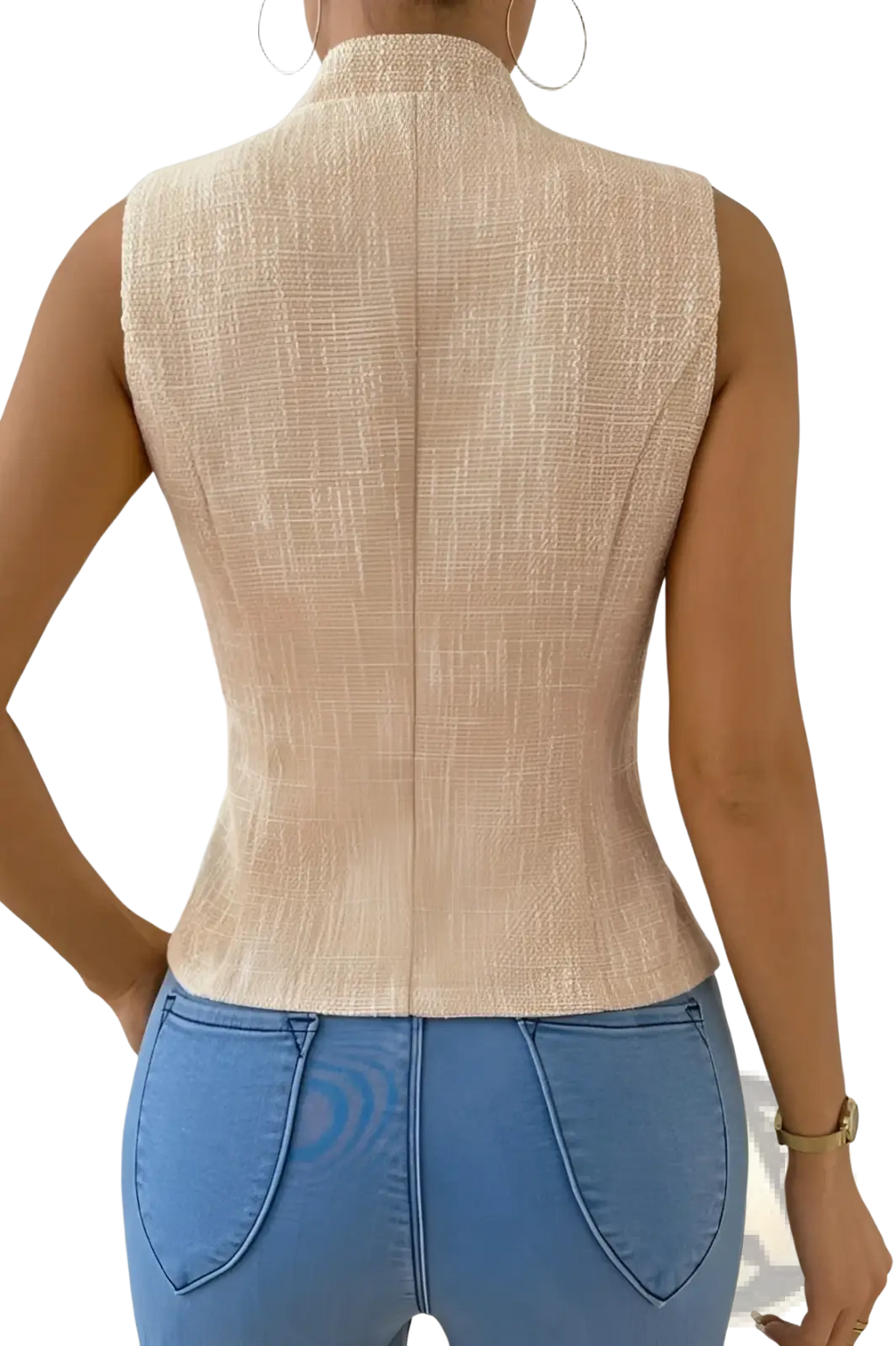 Beige jacquard suit vest sleeveless blazer with textured fabric, high neckline, and tailored fit for formal wear