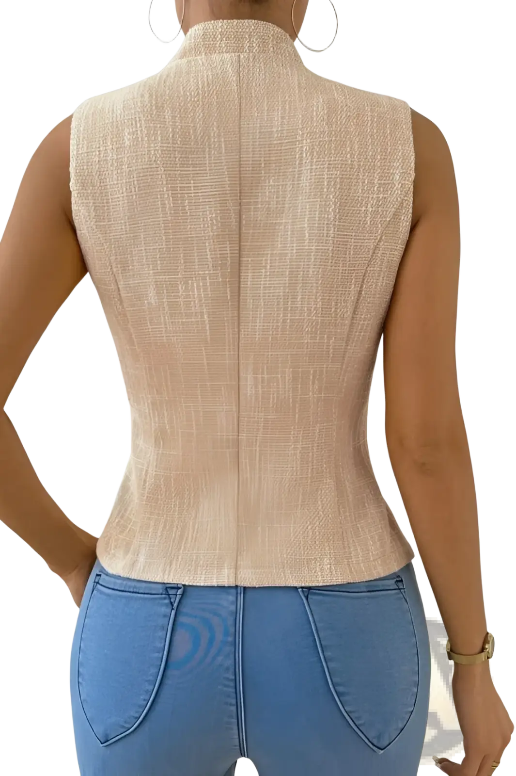 Beige jacquard suit vest sleeveless blazer with textured fabric, high neckline, and tailored fit for formal wear