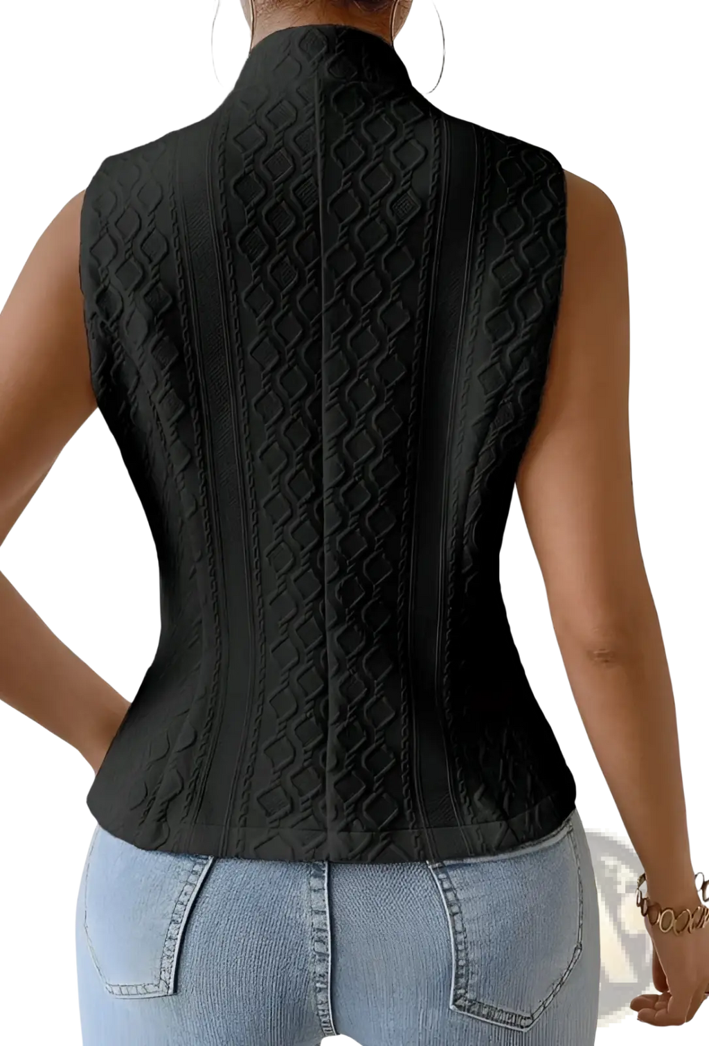 Black jacquard sleeveless suit vest with high collar and diamond-patterned embroidery for formal wear