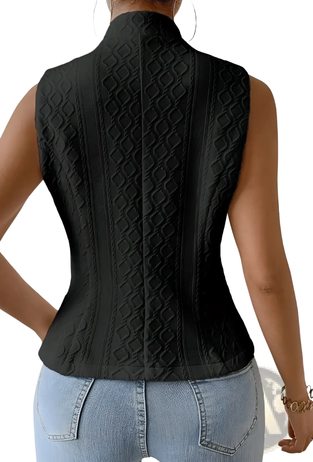 Black jacquard sleeveless suit vest with high collar and diamond-patterned embroidery for formal wear